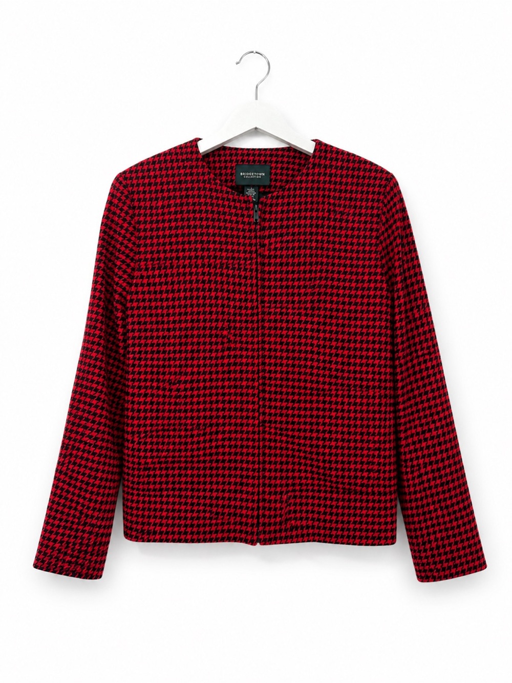 Bridgetown Collection Red Black Houndstooth Wool Blend Zip Front Jacket Size 16